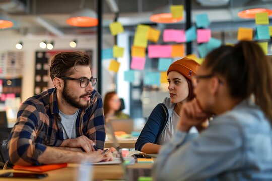 Three young professionals brainstorm in an office, their focus on developing a successful startup business