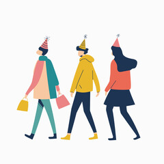 Three people walking wearing party hats, stylish casual clothing, two carrying shopping bags. Friends celebrating, shopping together, colorful modern illustration. Graphic design celebration