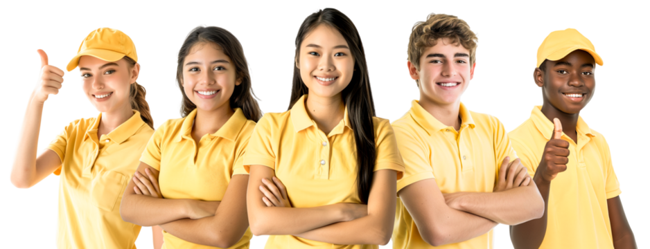 18 year old Asian woman wearing yellow polo t-shirt for costume service uniform. Isolated over transparent background