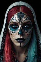 Symmetrical Human-Like Skull Tattoo Design - Monochrome Ink, Tribal Patterns, Bold Makeup, and Glitch Art with a Dark Edge