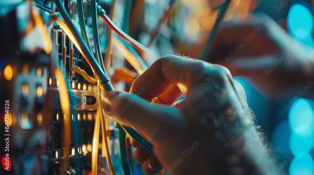 Poster electrician connecting wires in server room working with network cables and servers