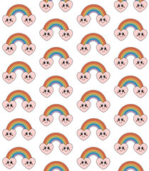 Vector seamless pattern of groovy retro cartoon lgbtq rainbow isolated on white background