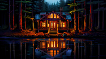 Obraz premium wooden house by the lake in the forest