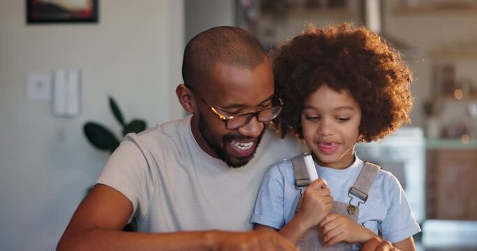 Dad, child and high five for home education, learning and math support with success, yes or well done. African family, man or father praise and hands together with smart son for school or test answer