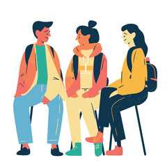 Three young adults engaged casual conversation. Asian female sitting crossed legs, smiling, holding green bag. Asian male talking Latinx female scarf