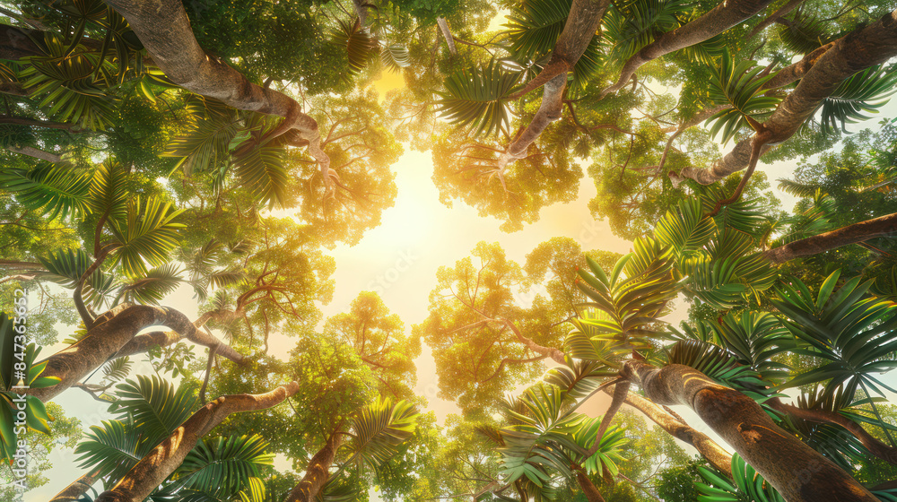 Poster captivating canopy view sunlight shining through lush green forest trees, creating a serene and calm