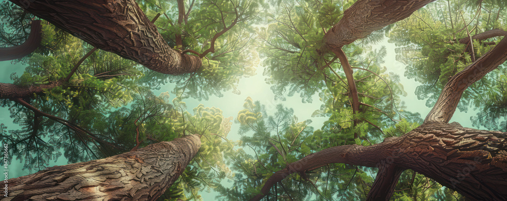 Poster captivating forest canopy view from ground level with towering trees and sunlight filtering through 