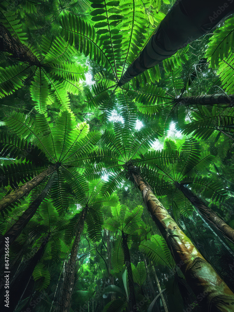 Poster captivating image of lush green forest canopy with towering trees and sunlight filtering through, of