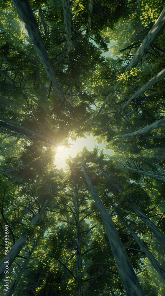 Poster captivating view of sunlight streaming through tall trees in a dense green forest from below perspec