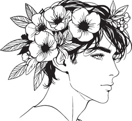 Black and white line illustration, young man with dark hair adorned with a flower crown, thoughtful expression on face