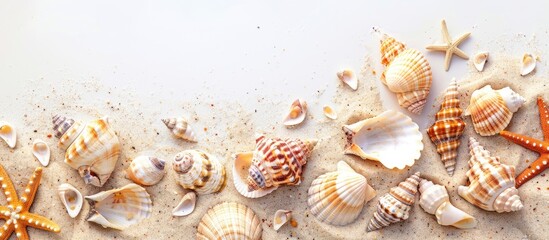 Sea shells scattered in sand on a white background