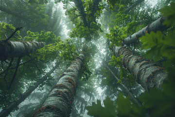 Fototapeta premium Exploring Majestic Forests Captivating View of Towering Trees Reaching Toward the Sky with Lush Green Foliage and Misty Background