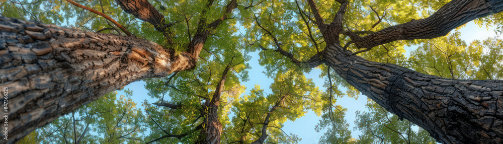 Poster majestic forest canopy view with sunlight filtering through tall branches of towering trees under th