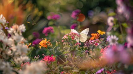 Immerse yourself in the enchanting allure of a vibrant summer garden, where graceful butterflies dance among wild purple flowers.