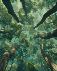 Majestic Forest Tree Canopies Reaching Skyward in a Serene and Lush Wilderness with Sunlight Filtering Through the Dense Foliage of Towering Trees