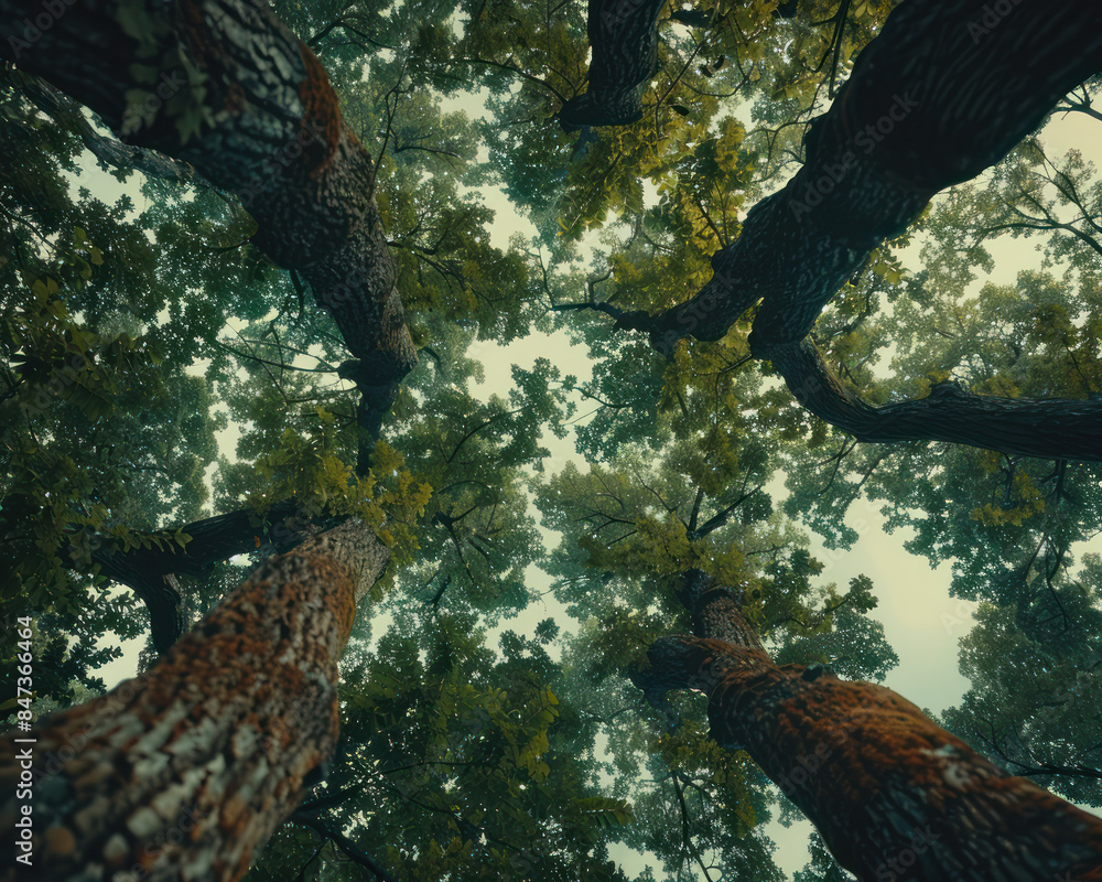Poster mesmerizing forest canopy a serene view of towering trees from the forest floor captured on a calm d