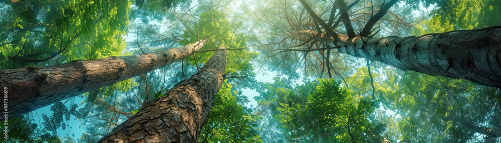 Poster sunlight through canopy a serene view of tall trees in lush green forest on a clear day