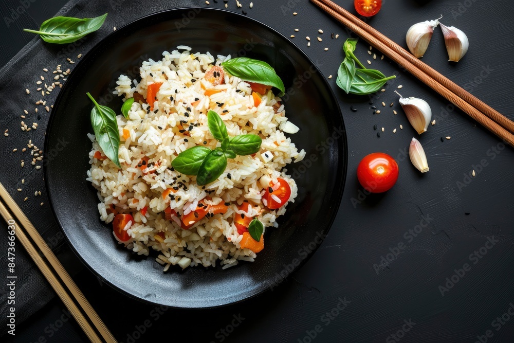 Wall mural Black plate bowl of rice with tomato and basil and garlic and chopsticks on black background - generative ai - Wall murals