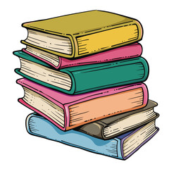Stack colorful books, handdrawn style, educational concept. Illustration various books stacked, representing reading, learning. Cartoon books, multicolored covers, isolated white background