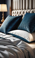 Obraz premium Luxury pillows on the bed with a decadent headboard, beautiful linens for the home, bedding, pillowcases, blankets, sheets,