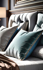 Luxury pillows on the bed with a decadent headboard, beautiful linens for the home, bedding, pillowcases, blankets, sheets,