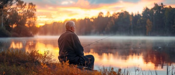 Man fishing at serene lake during stunning sunset, surrounded by tranquil nature, mist, and vibrant...