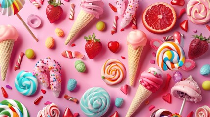 Colorful ice cream isolated on pink background.