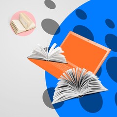 Laptop with set of reading books, worldwide library