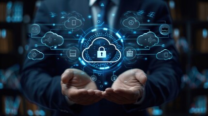 Fototapeta premium Businessman Holds Icon Padlock and Global Network with Technology Analysis.