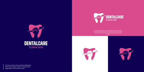 negative space logo hand holding toothbrush, logo for kids dental care, logo design illustration.