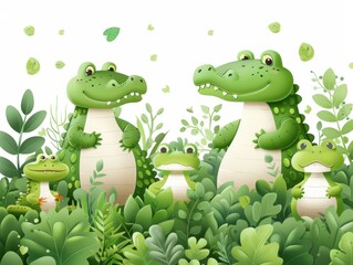 Adorable Cartoon Crocodile Family in Lush Green Jungle with Foliage, Perfect for Children's Stories, Educational Materials, and Fun Wallpaper