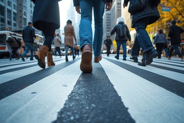 Cropped legs busy city, business people on zebra crossing street, day time, Walking on zebra crossing outdoors background. Unrecognizable individual and busy lifestyle.