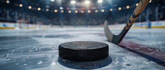 Close-up of a hockey puck on the ice with a stick in a bright, empty arena, ready for the game.
