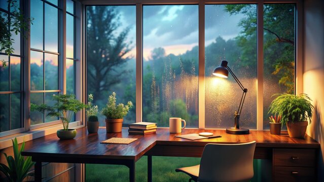 Serene lofi study setup on clutter-free desk amidst soft rainy day ambiance, surrounded by soothing atmospheric lighting and blurred nature views.