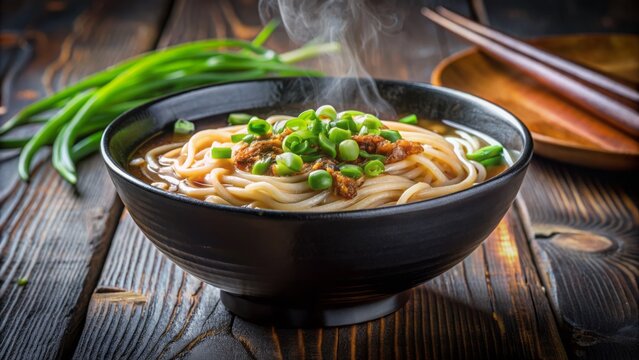 Steaming hot authentic asian-style noodle soup served in a sleek black bowl garnished with fresh green onions and sesame seeds.