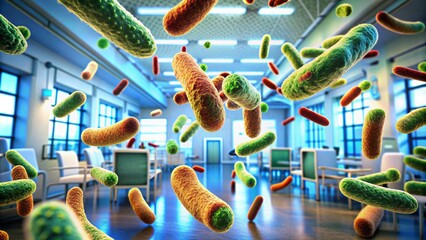 Microscopic view of antibiotic-resistant bacteria and microbes spreading on hospital surfaces, highlighting risks of hospital-acquired infections and antibiotic resistance in healthcare settings.