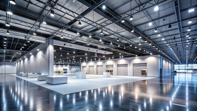 Modern minimalist empty exhibition hall with blurred signage, sleek flooring, and sleek modern architecture, awaiting event commencement.