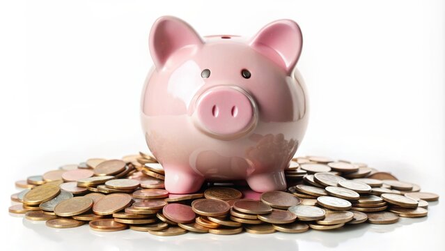 Adorable small pink piggy bank filled with coins, sitting on a white background, surrounded by scattered coins, symbolizing a successful savings plan.