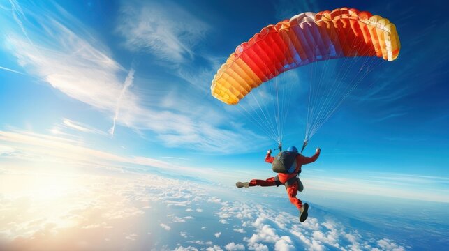 Skydiver with colorful parachute gliding through the sky, enjoying a thrilling jump above the clouds in a bright and clear day.