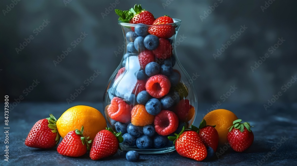 Wall mural A glass vase filled with a variety of fruits including strawberries, blueberries - Wall murals