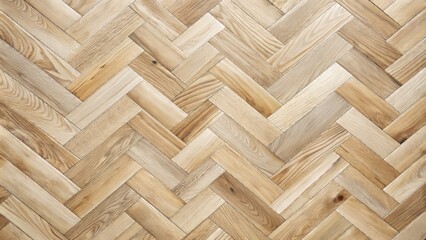 Elegant white oak wooden floor background featuring a classic herringbone pattern parquet design with a pale natural hardwood texture in a flat lay, top view setting.