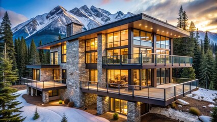 Fototapeta premium Contemporary mountain lodge with floor-to-ceiling windows, sleek stone facade, and expansive decks overlooking majestic snow-capped peaks and evergreen forests.