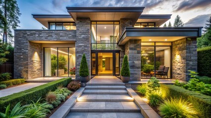 Obraz premium Contemporary residence's grand entrance features sleek glass doors, elegant stonework, and lush greenery surrounding a beautifully landscaped pathway.