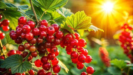 Fototapeta premium Vibrant red currants cluster amidst lush green leaves, illuminated by warm sunlight, showcasing nature's unbridled beauty in a serene summer garden setting.