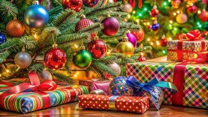 Fototapeta premium Vibrant colorful wrapping paper and ribbons surround a beautifully decorated christmas tree with festive holiday decorations nearby.