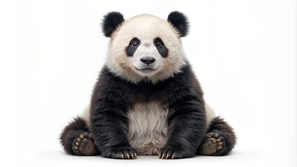 Naklejka premium Adorable giant panda bear sitting comfortably upright on a pristine white background with gentle eyes and soft fur texture.