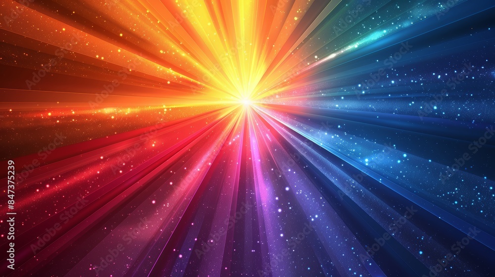 Poster Abstract background with vibrant rainbow light rays radiating from a central point.
