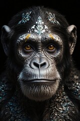 Symmetrical Chimpanzee Tattoo Design with Subtle Tribal Patterns - Monochrome Ink, Bold Makeup, and Glitch Art