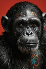 Symmetrical Chimpanzee Tattoo Design with Subtle Tribal Patterns - Monochrome Ink, Bold Makeup, and Glitch Art