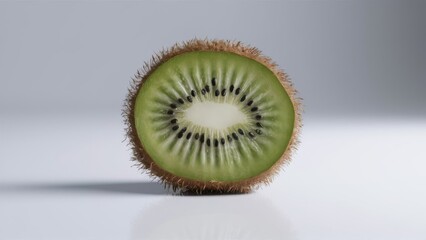 a slice of kiwi fruit placed on a pristine white background in a realistic